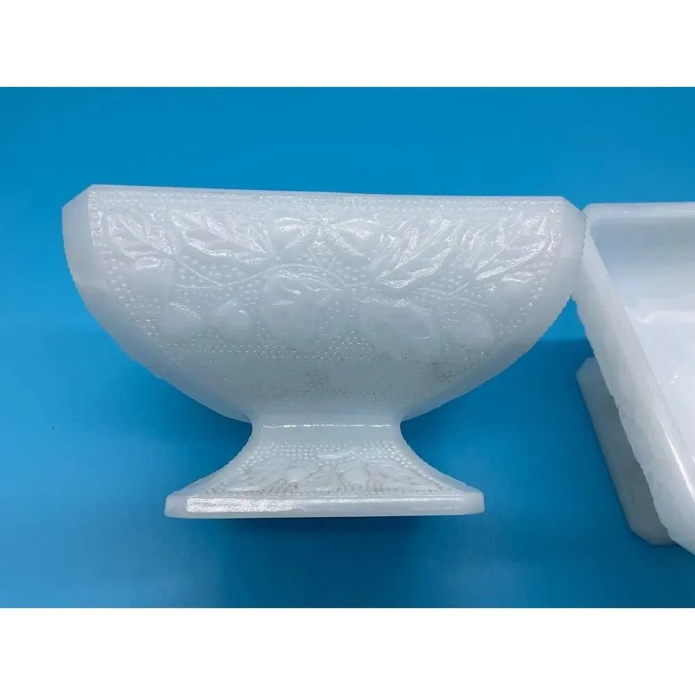 Set of 2 Footed Milk Glass Bowls Vintage Square Shape Decorative Embossed Design